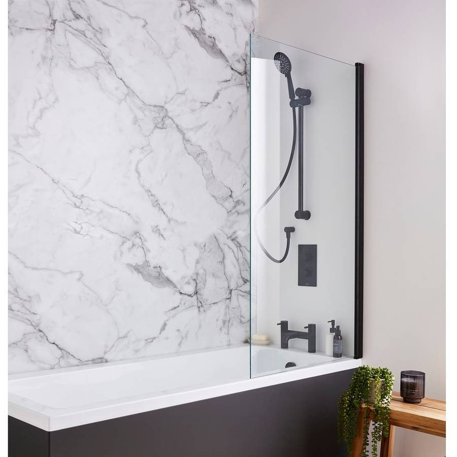 Kartell Nero Square Edge Bath Shower Screen – 780 × 1400 mm, Matt Black