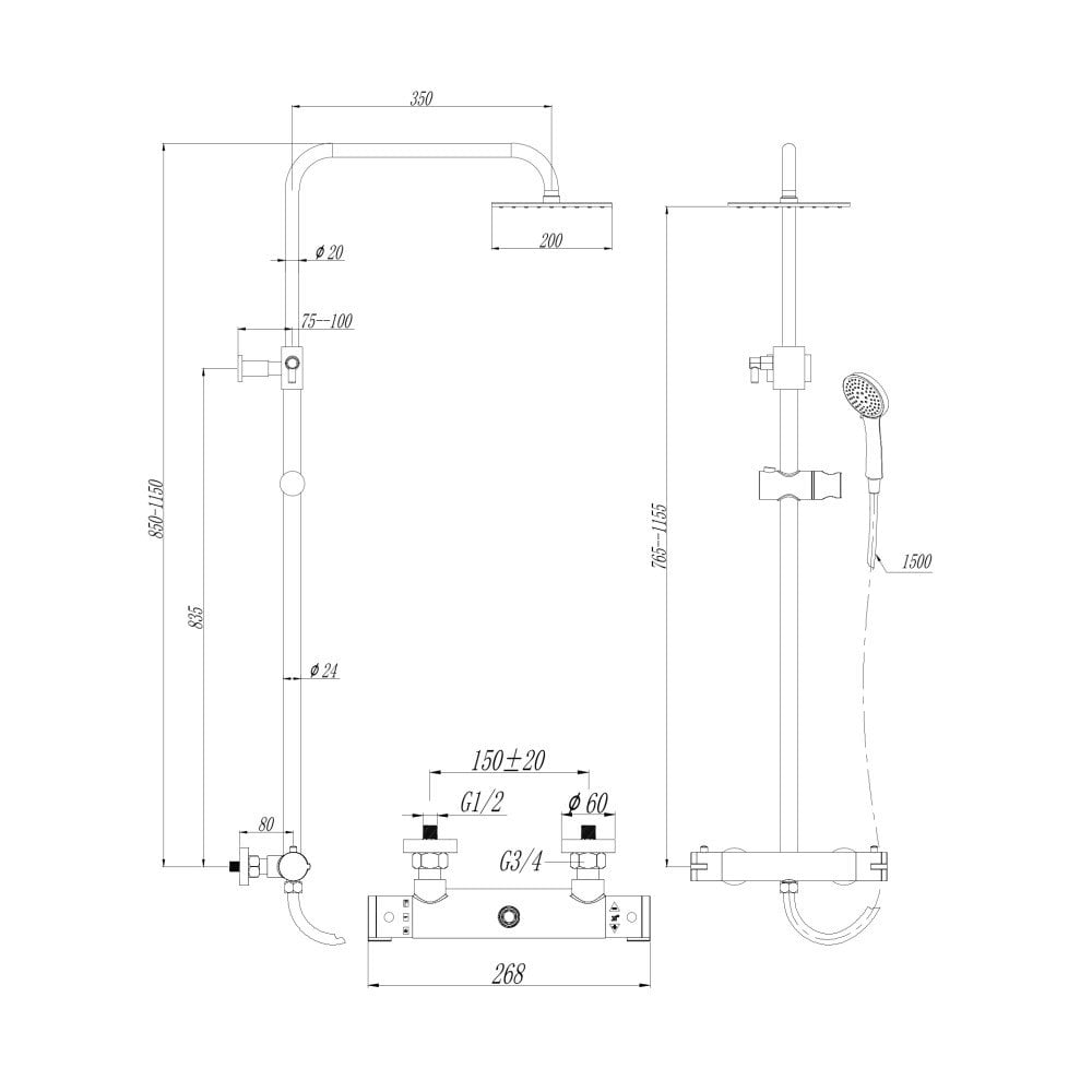 Kartell K-VIT Plan Thermostatic Bar Shower with Ultra Slim Stainless Shower Drencher and Sliding Handset