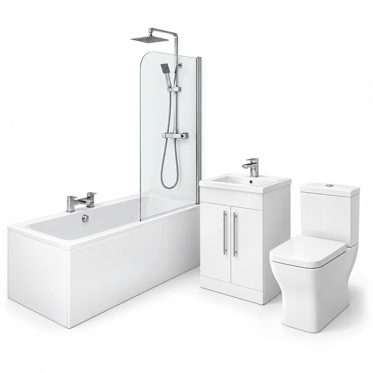 Giavani Complete Bathroom Suite – 1700mm Bath, Gloss White Vanity & Chrome Fittings