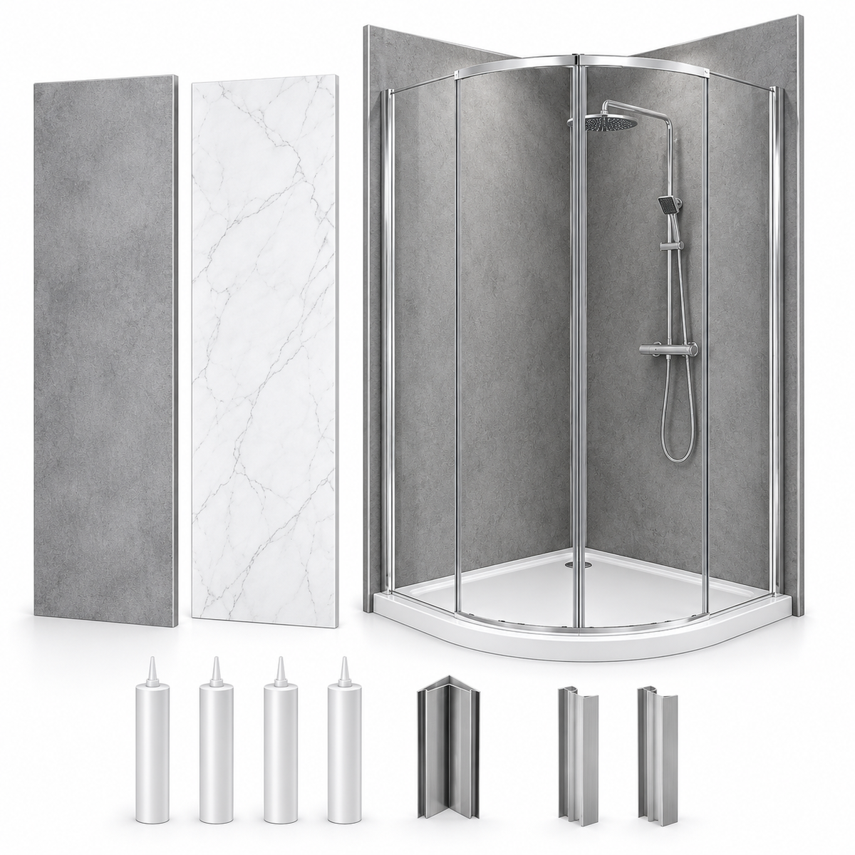 900 x 900 Shower Wall Panel Pack – 10mm PVC | Concrete Grey or Carrera White Matt