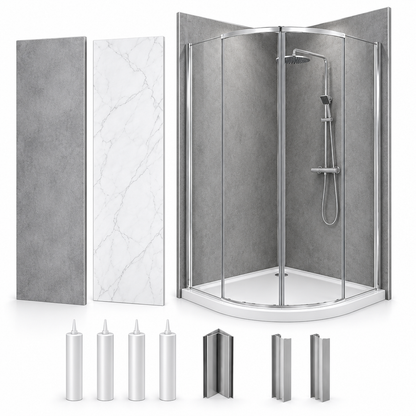 900 x 900 Shower Wall Panel Pack – 10mm PVC | Concrete Grey or Carrera White Matt