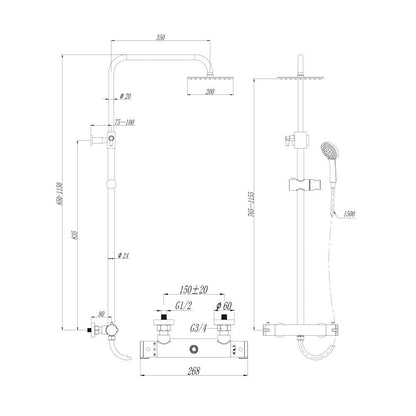 Kartell K-VIT Plan Thermostatic Bar Shower with Ultra Slim Stainless Shower Drencher and Sliding Handset